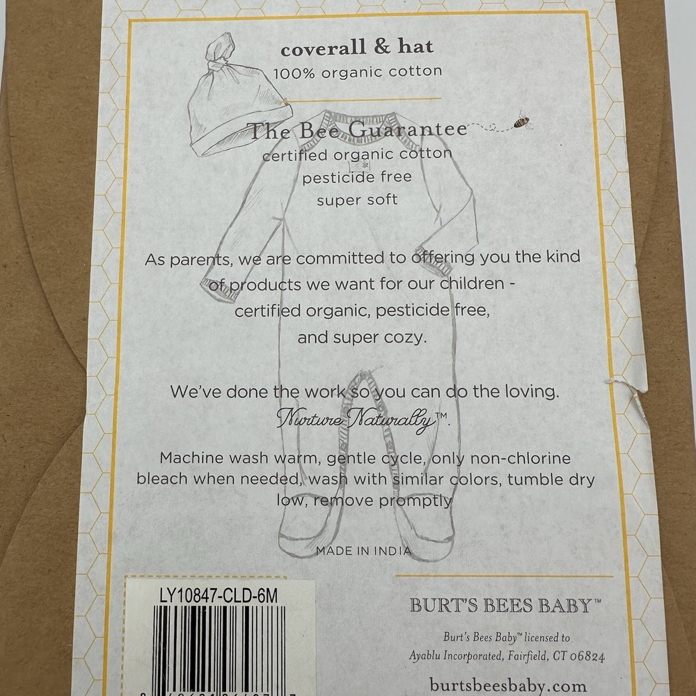 Burt's Bees Baby 100% Organic Cotton Coverall & Hat Outfit Soft 3-6 Months - Picture 3 of 3